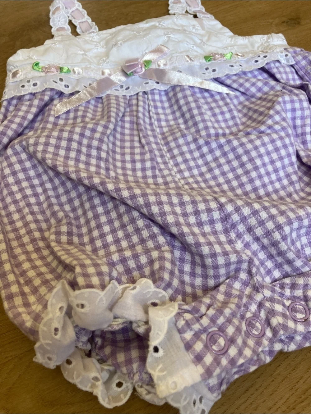 Vintage White and Lavender Gingham Baby Romper with Lace Trim 12m